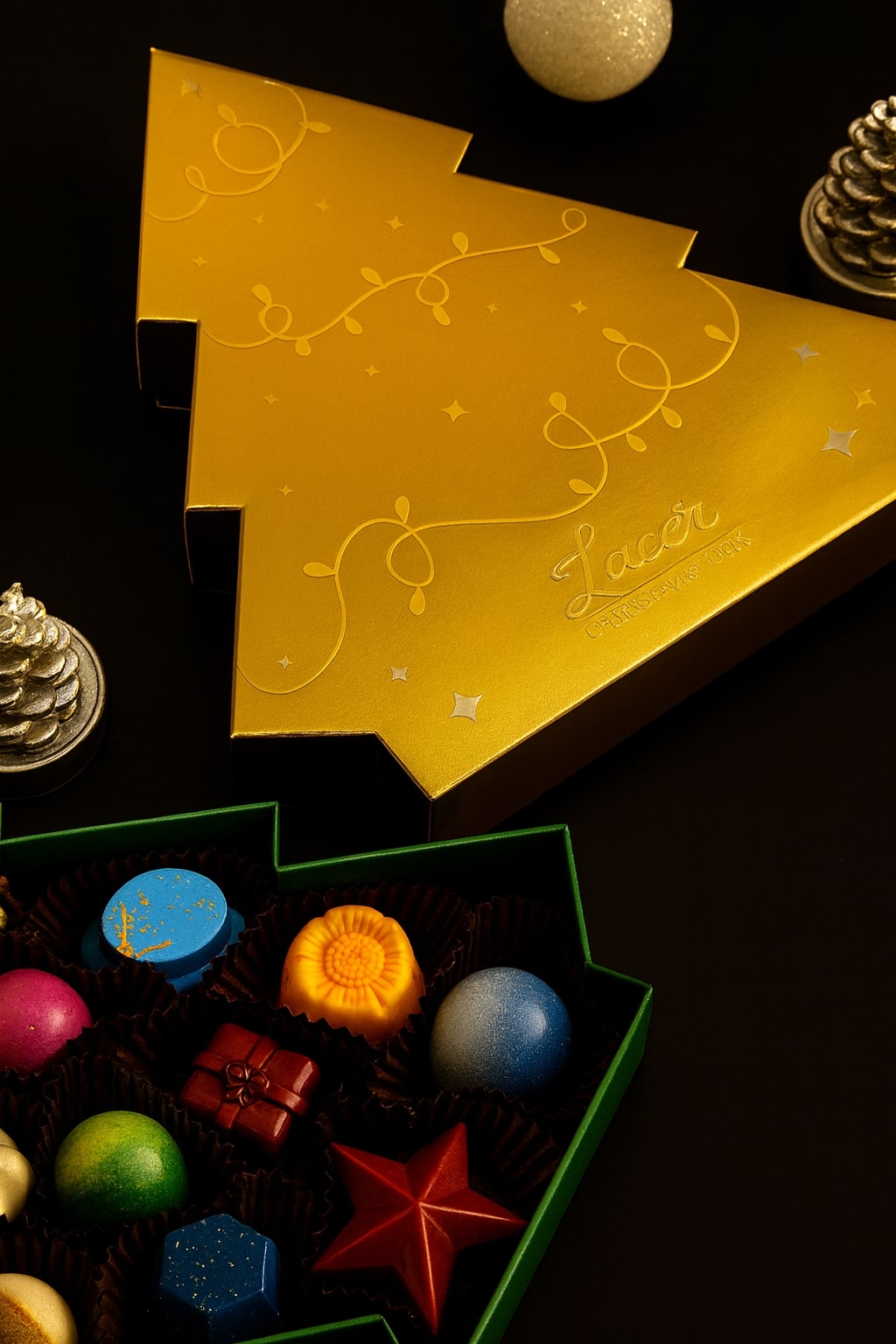 Chocolates in Christmas tree box - gold